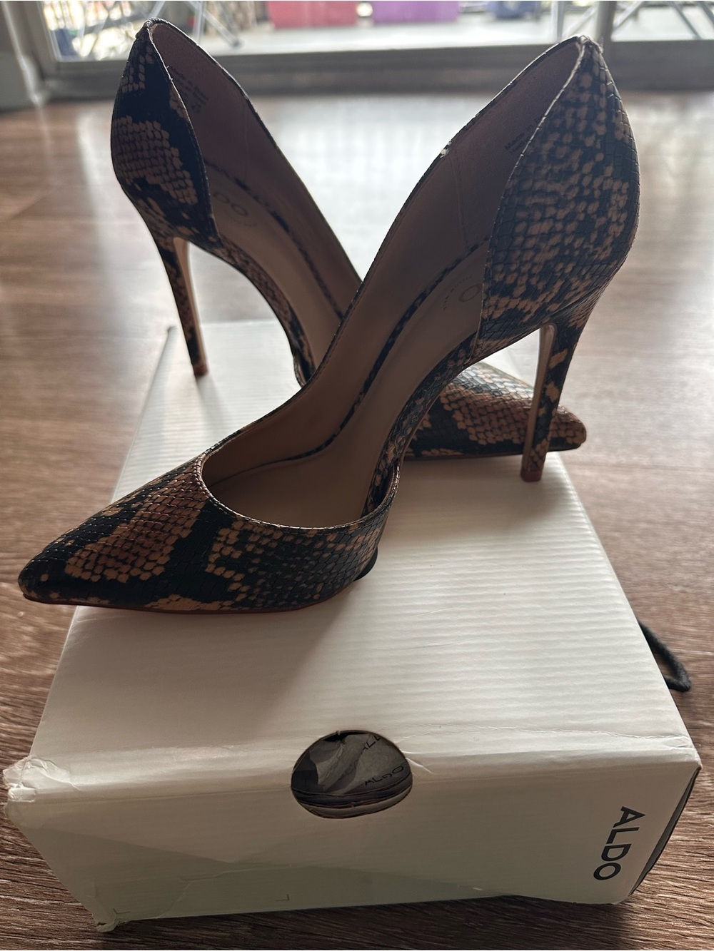 ALDO Brown and Black Snake-Print Pointed Toe Stiletto Pumps